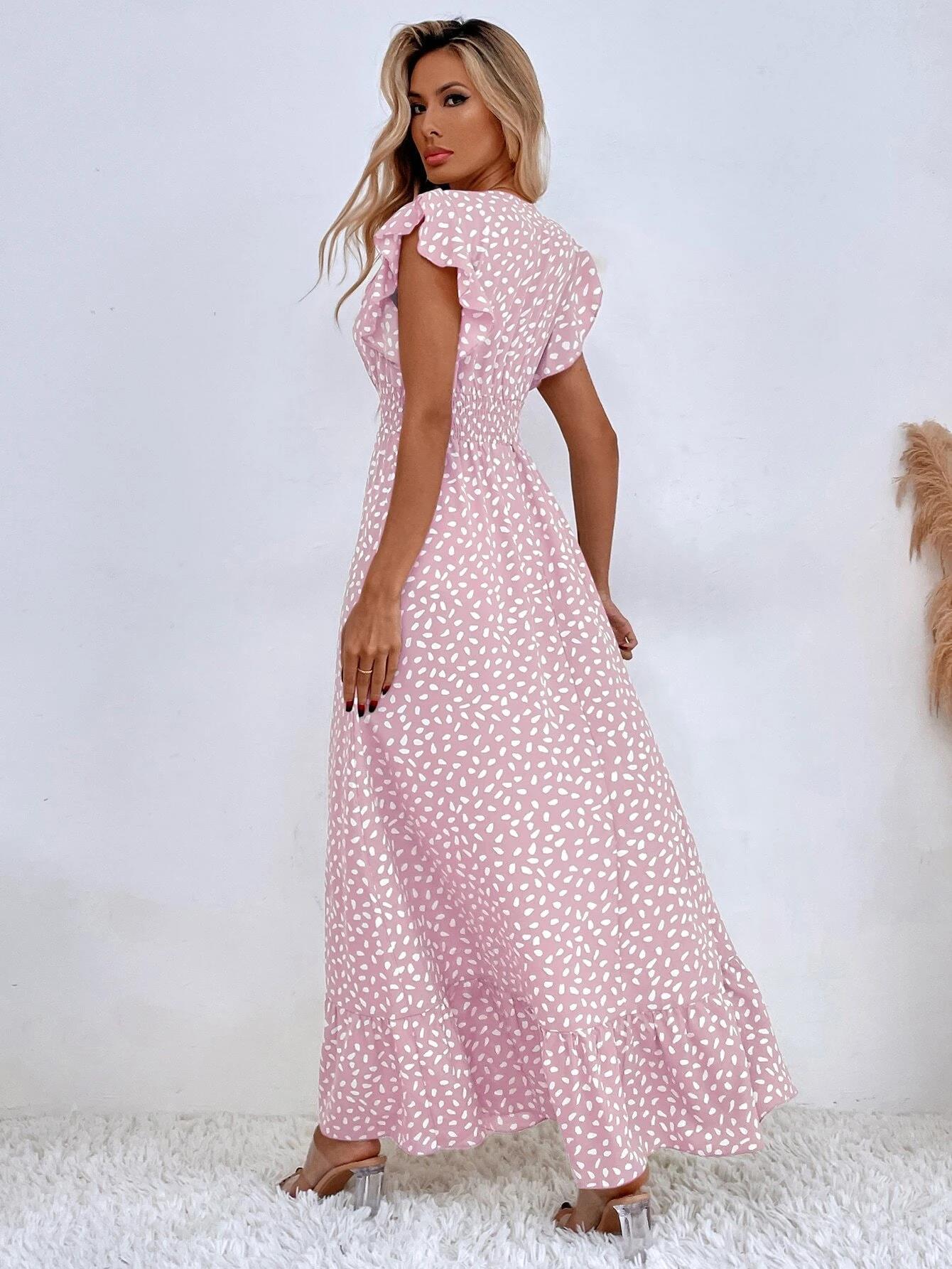 2023 V-neck Ruffled Print Casual Ankel-length Dress
