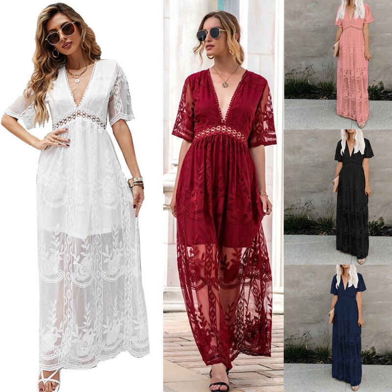 2023 Vintage Gorgeous Lace Deep V-neck Solid Color Dress
