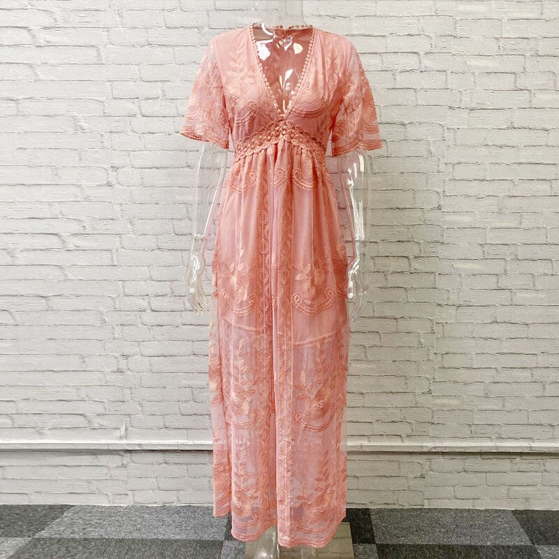 2023 Vintage Gorgeous Lace Deep V-neck Solid Color Dress