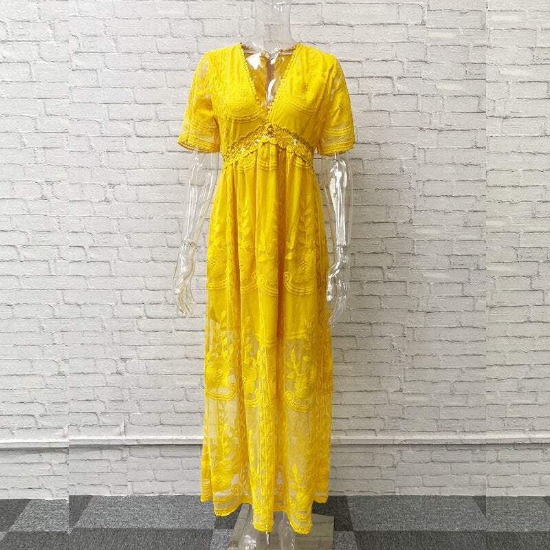 2023 Vintage Gorgeous Lace Deep V-neck Solid Color Dress