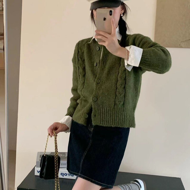 2023 VintageTwist Solid Color Sweater Jacket Autumn Crewneck Sweet Fresh Knitted Cardigan Woman