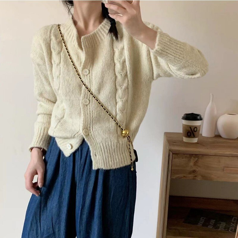 2023 VintageTwist Solid Color Sweater Jacket Autumn Crewneck Sweet Fresh Knitted Cardigan Woman
