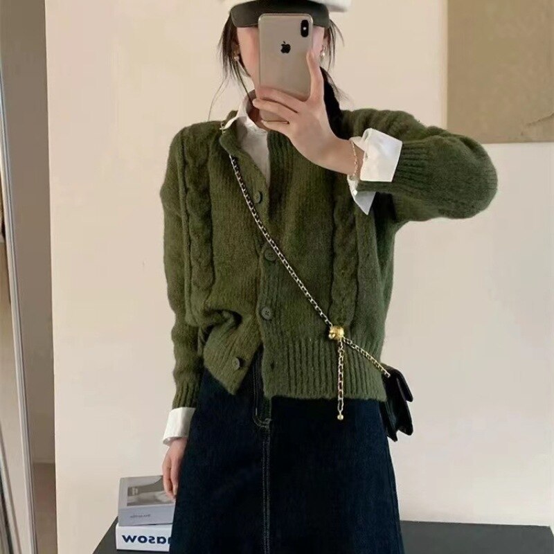 2023 VintageTwist Solid Color Sweater Jacket Autumn Crewneck Sweet Fresh Knitted Cardigan Woman