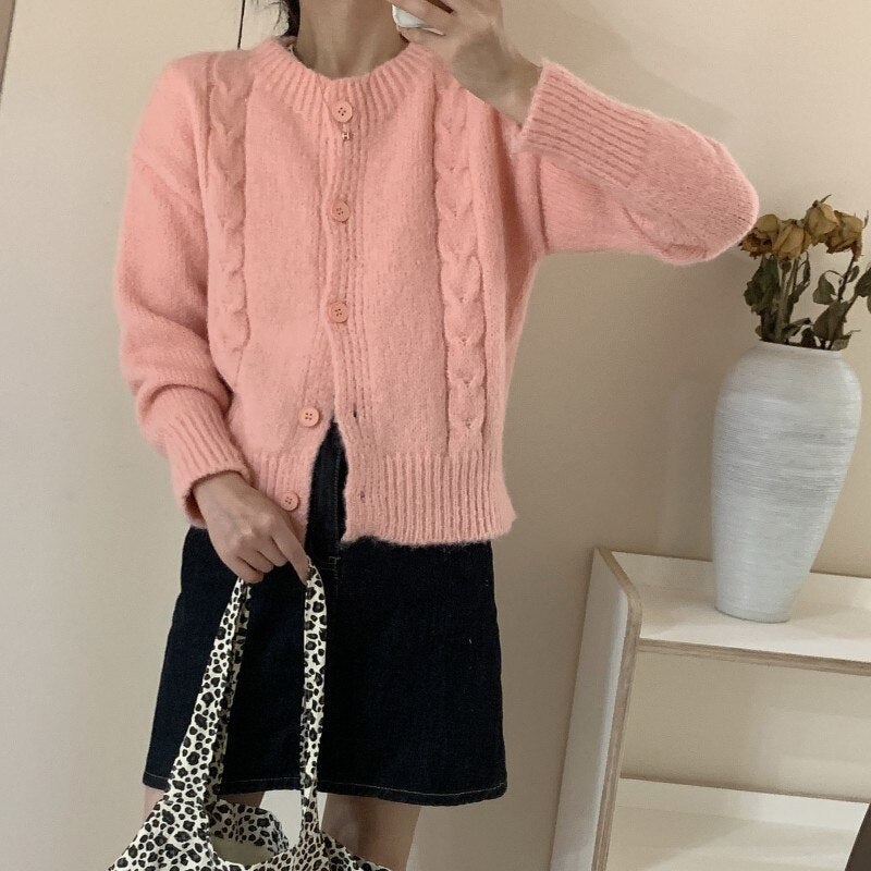 2023 VintageTwist Solid Color Sweater Jacket Autumn Crewneck Sweet Fresh Knitted Cardigan Woman