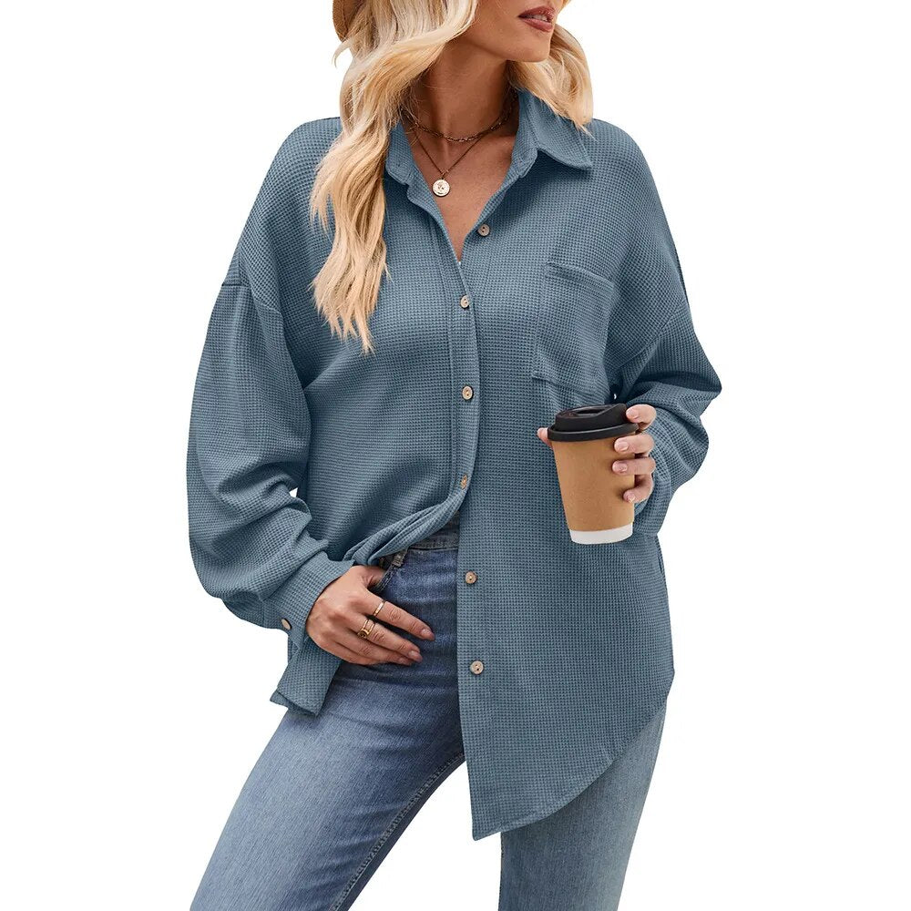 2023 Women's Autumn and Winter Casual Loose Pocket Waffle Fashion Shirt