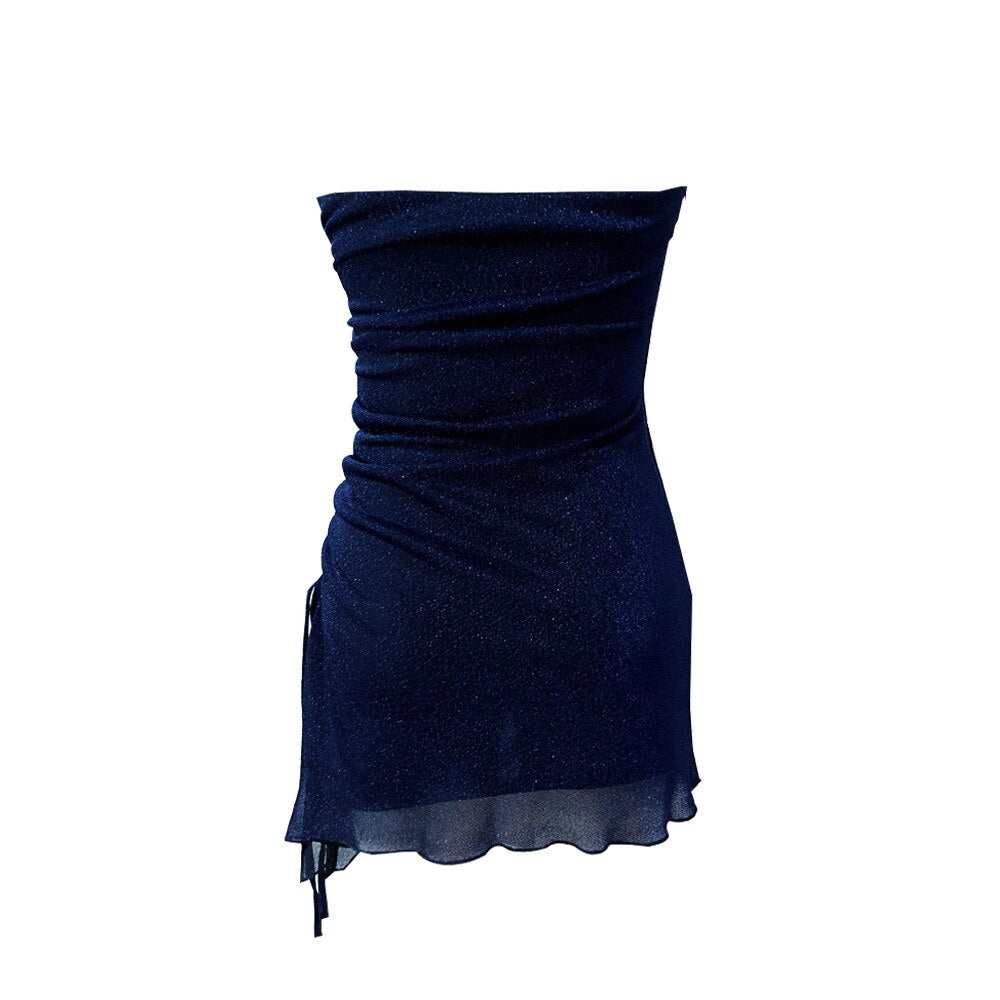 2023 Women's Off Shoulder Strapless Sexy Spicy Drawstring Slimming Mini Dress