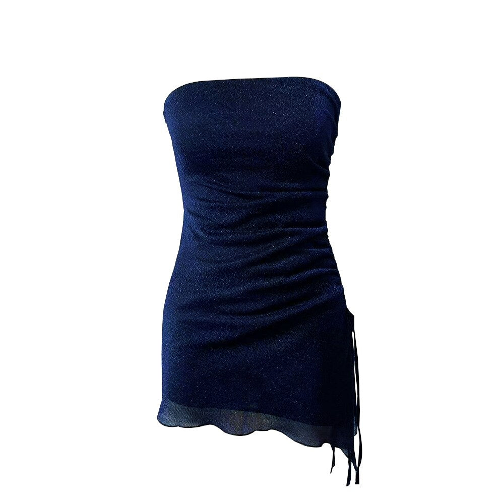 2023 Women's Off Shoulder Strapless Sexy Spicy Drawstring Slimming Mini Dress