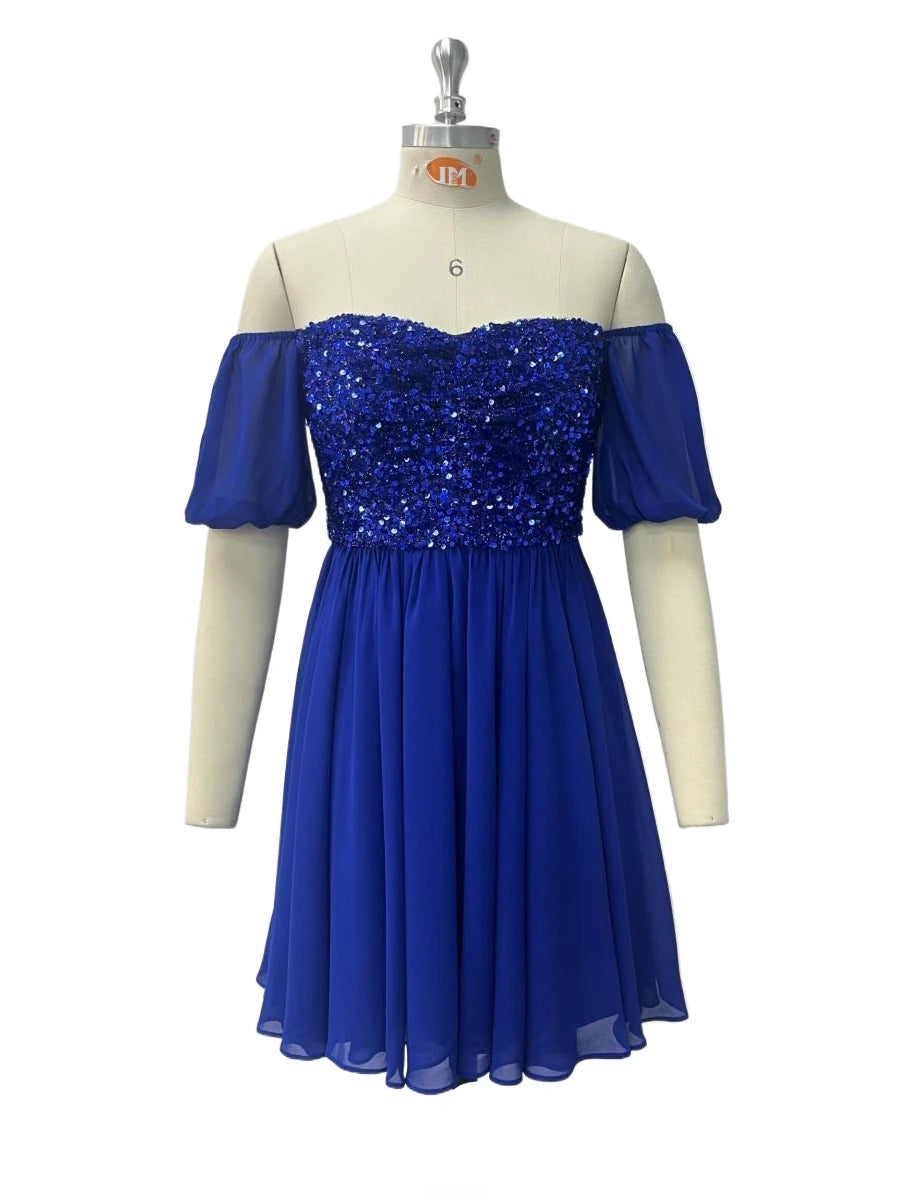 2024 Elastic Sleeve Chiffon Splicing Sequined Short Prom Homecoming Dress