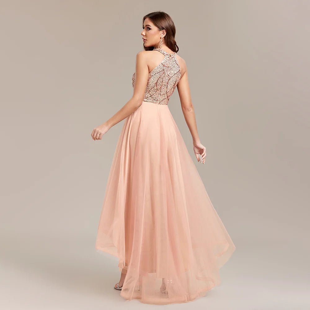 2024 Sequined Gold Splicing Mesh Sleeveless High Low Party Prom Evening Dress