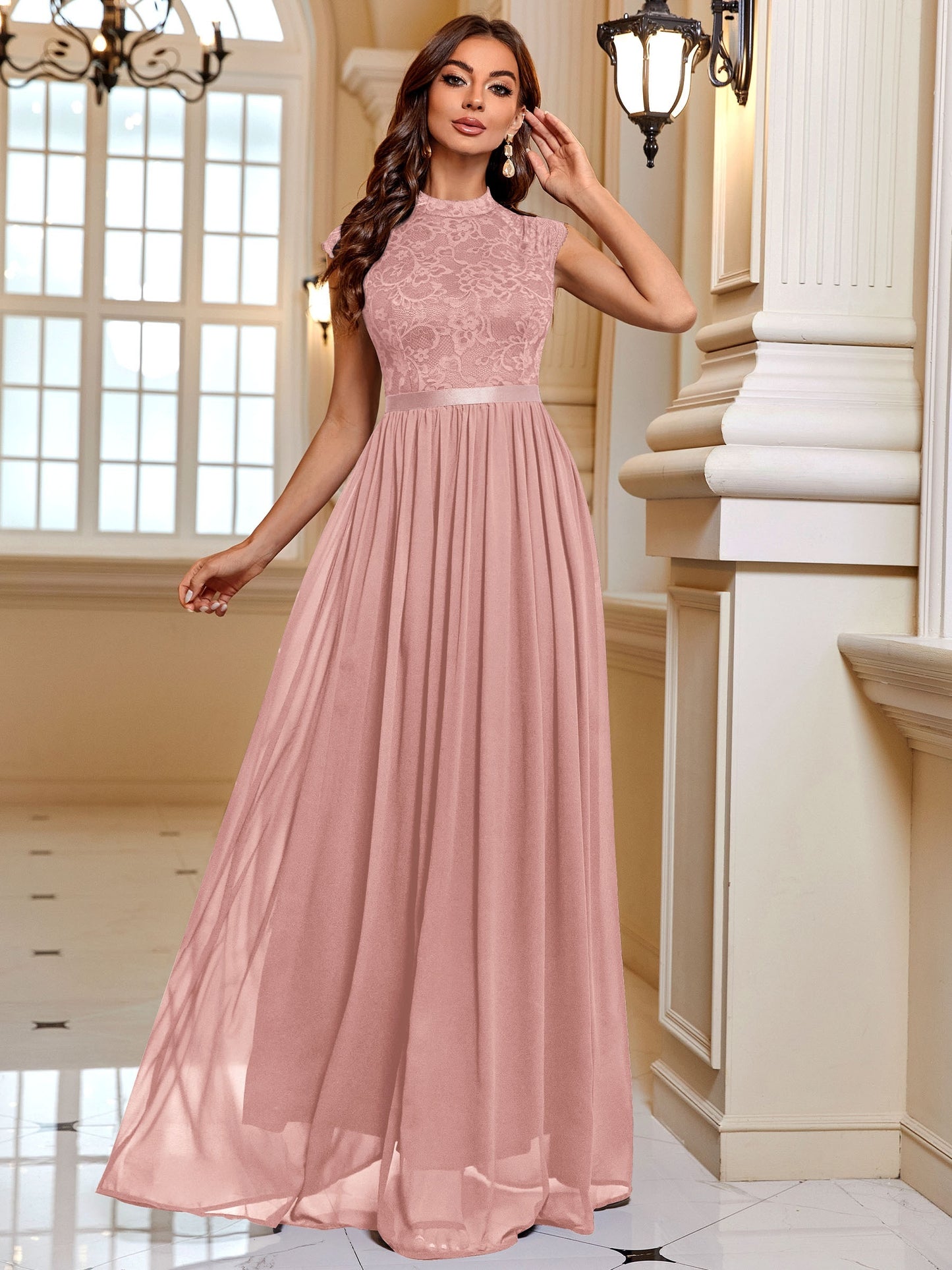Lace Contrast Cap Sleeve Elegant Crew Neck Pleated Maxi Dress