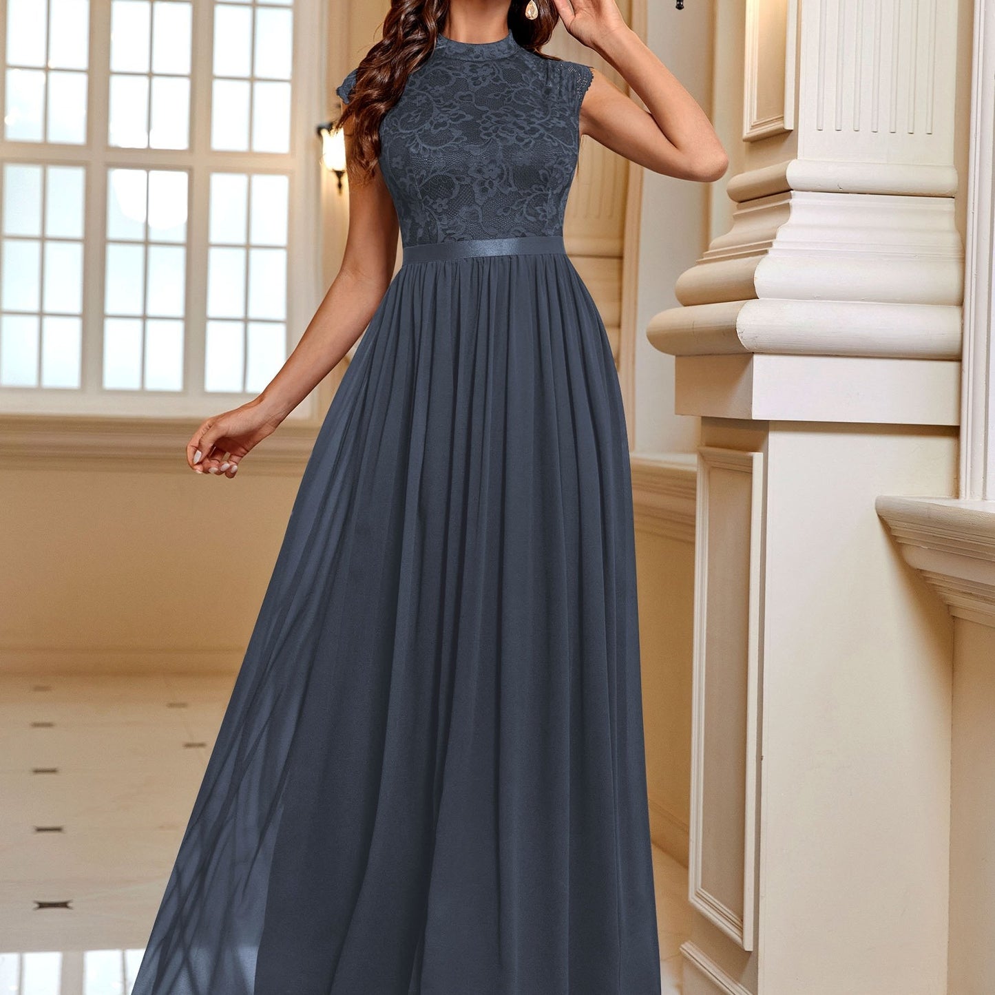 Lace Contrast Cap Sleeve Elegant Crew Neck Pleated Maxi Dress