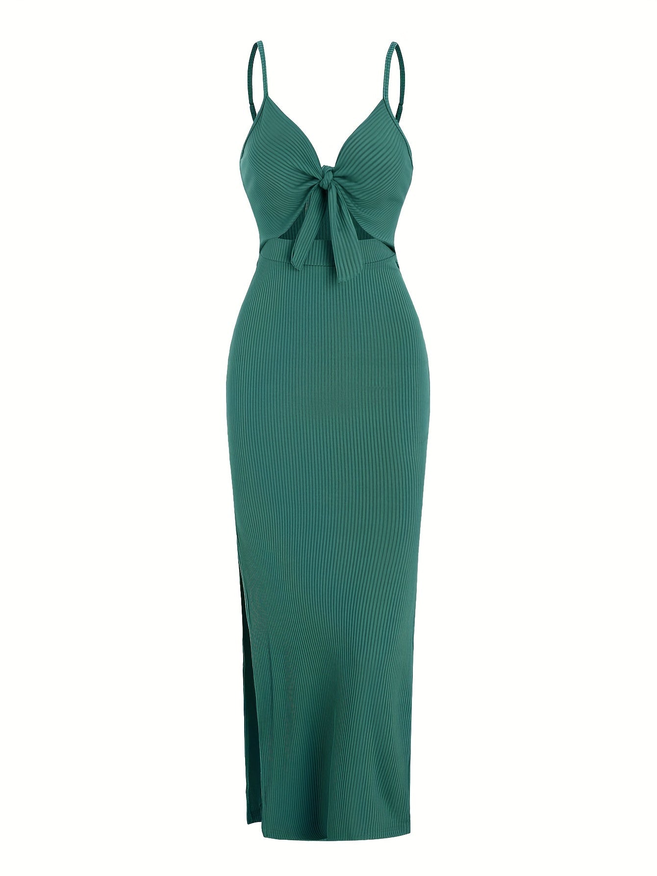 Sexy Spaghetti Strap Ribbed Knot Cutout Side Split Maxi Dress, Solid Body-Con Dress For Spring & Fall, Women's Clothing