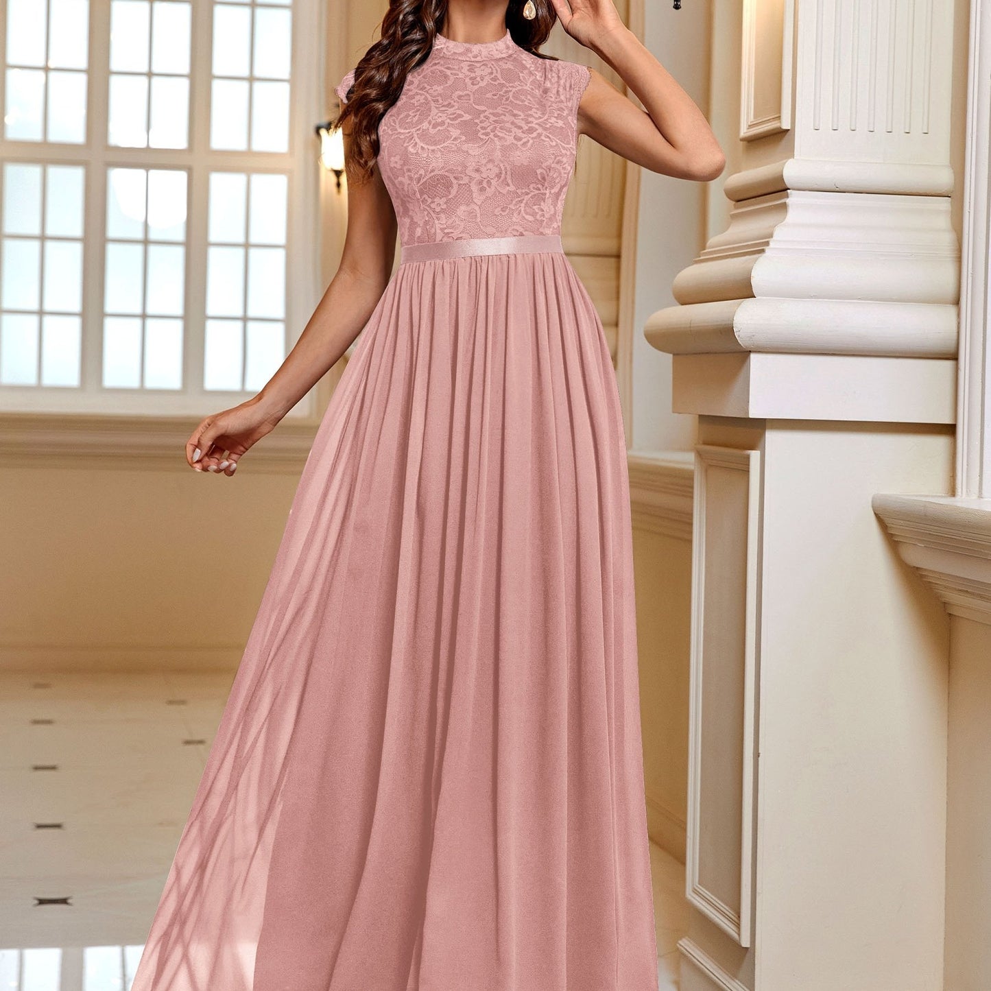 Lace Contrast Cap Sleeve Elegant Crew Neck Pleated Maxi Dress