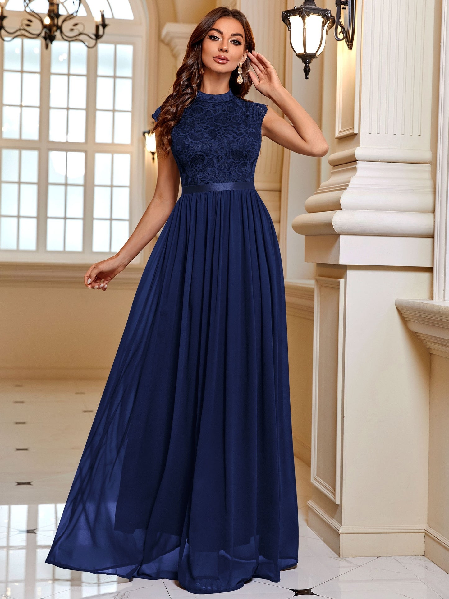 Lace Contrast Cap Sleeve Elegant Crew Neck Pleated Maxi Dress