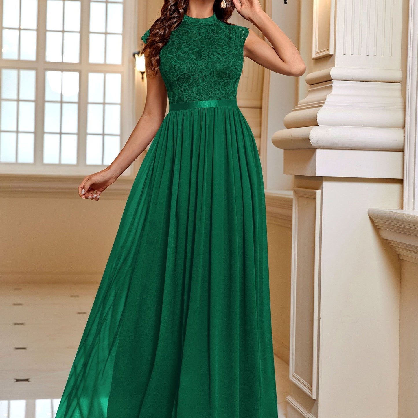 Lace Contrast Cap Sleeve Elegant Crew Neck Pleated Maxi Dress