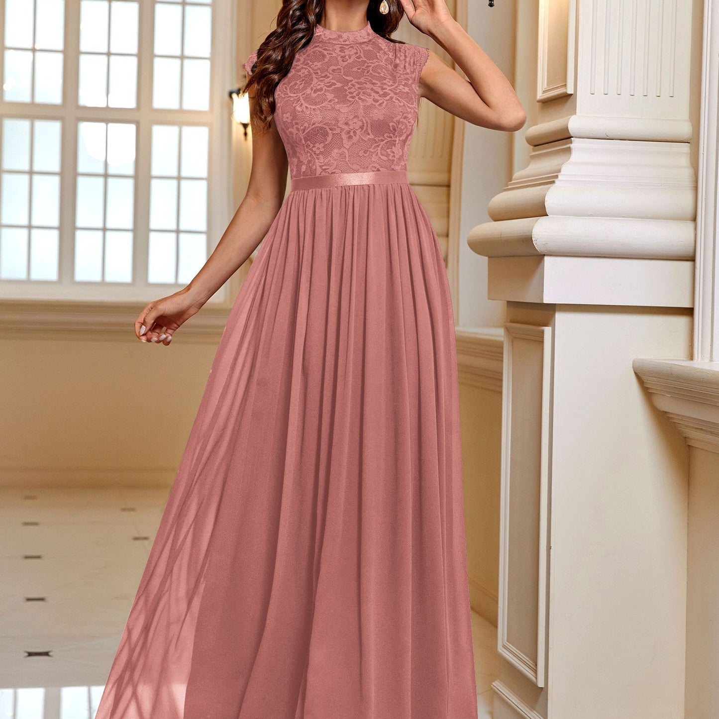 Lace Contrast Cap Sleeve Elegant Crew Neck Pleated Maxi Dress