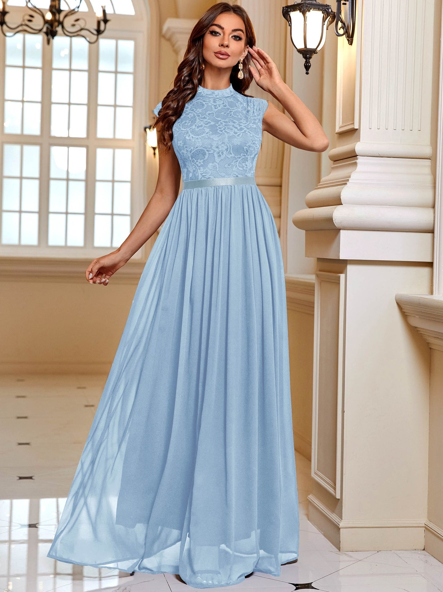 Lace Contrast Cap Sleeve Elegant Crew Neck Pleated Maxi Dress