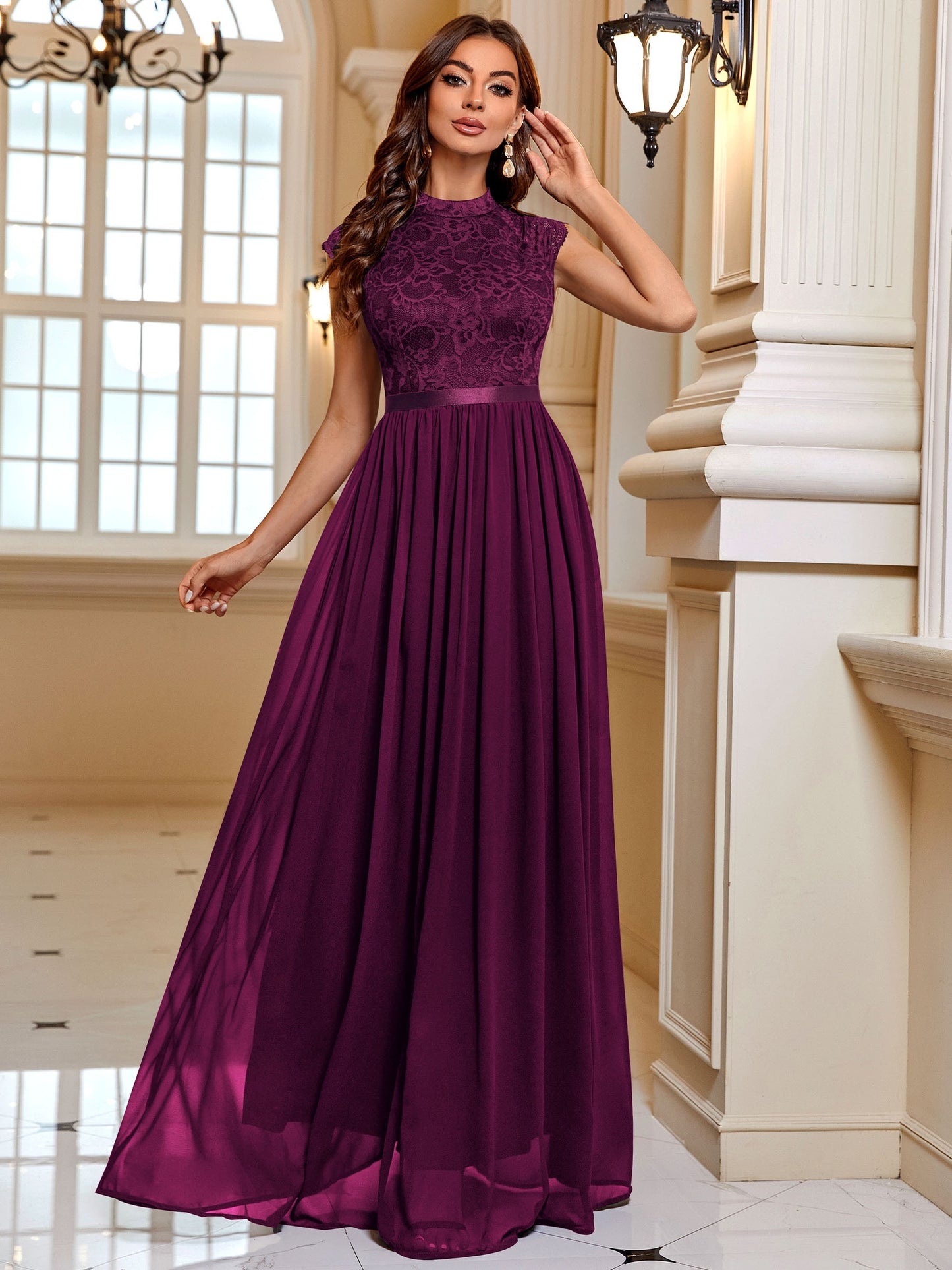 Lace Contrast Cap Sleeve Elegant Crew Neck Pleated Maxi Dress