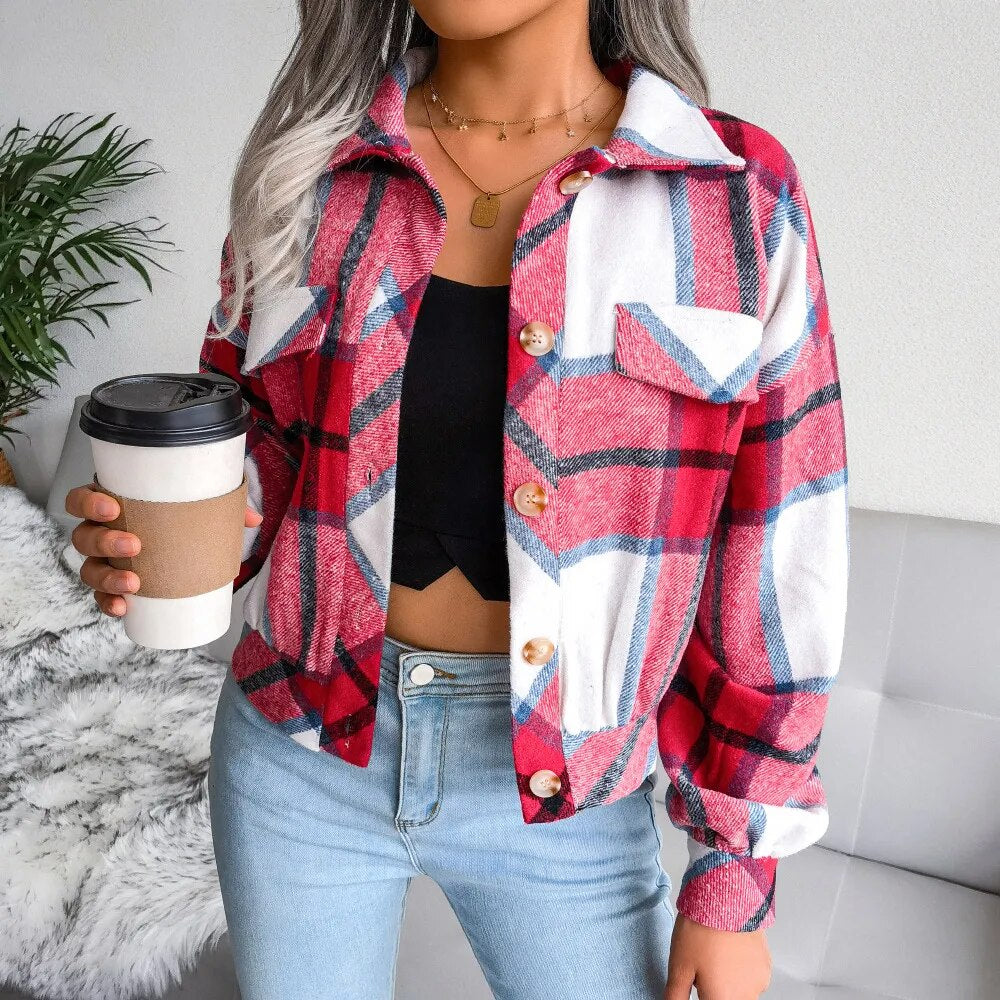 Autumn and Winter Plaid Lantern Long-sleeved Coat Jacket with Fake Pockets