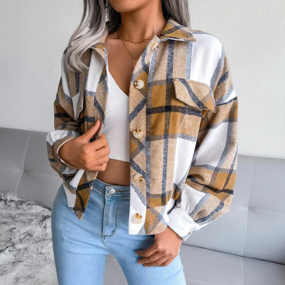 Autumn and Winter Plaid Lantern Long-sleeved Coat Jacket with Fake Pockets