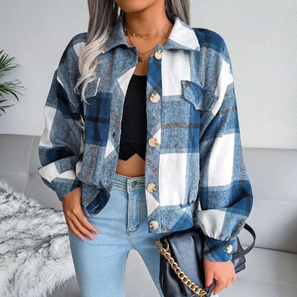 Autumn and Winter Plaid Lantern Long-sleeved Coat Jacket with Fake Pockets