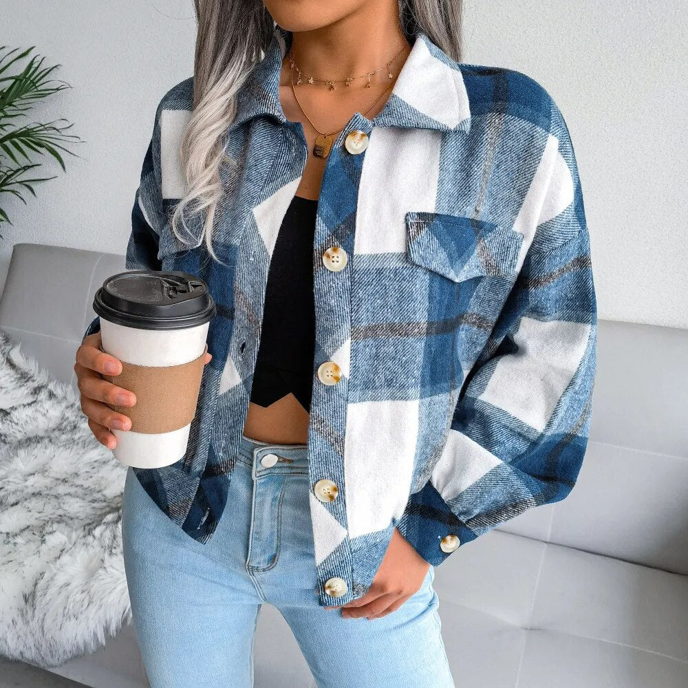 Autumn and Winter Plaid Lantern Long-sleeved Coat Jacket with Fake Pockets