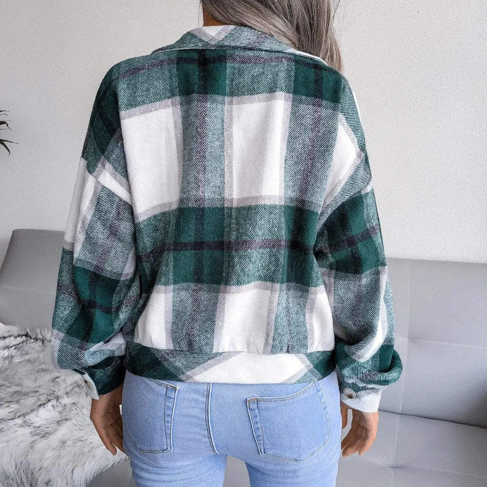 Autumn and Winter Plaid Lantern Long-sleeved Coat Jacket with Fake Pockets