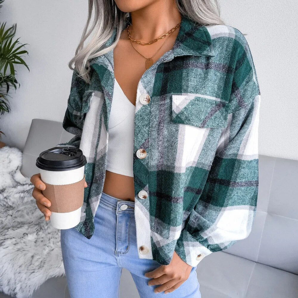 Autumn and Winter Plaid Lantern Long-sleeved Coat Jacket with Fake Pockets