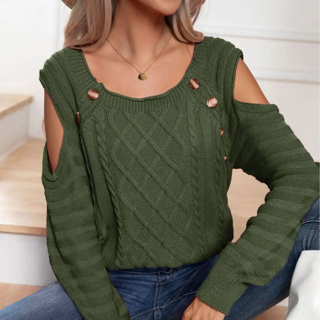 Button Square Collar Off-the-shoulder Long Sleeve Twisted Knit Pullover Women's Wear