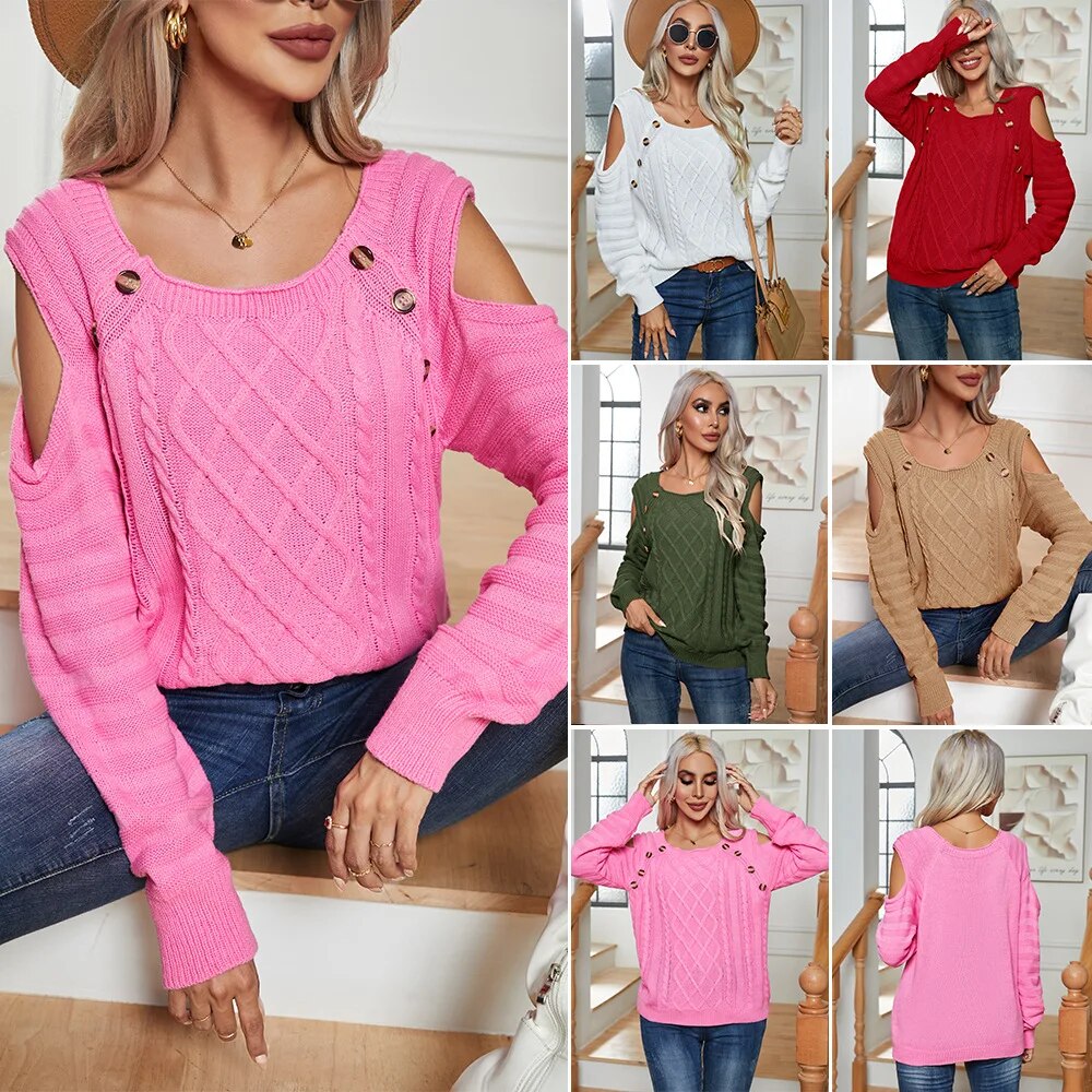 Button Square Collar Off-the-shoulder Long Sleeve Twisted Knit Pullover Women's Wear