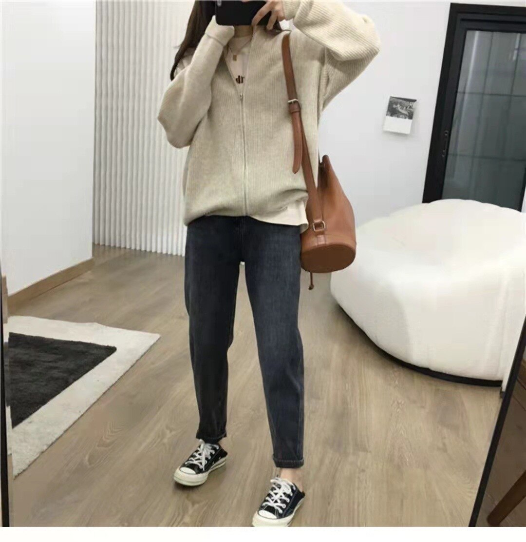 Casual Loose Solid Color Coat Zipper Stand Collar Long Sleeve Knit Cardigan Coat
