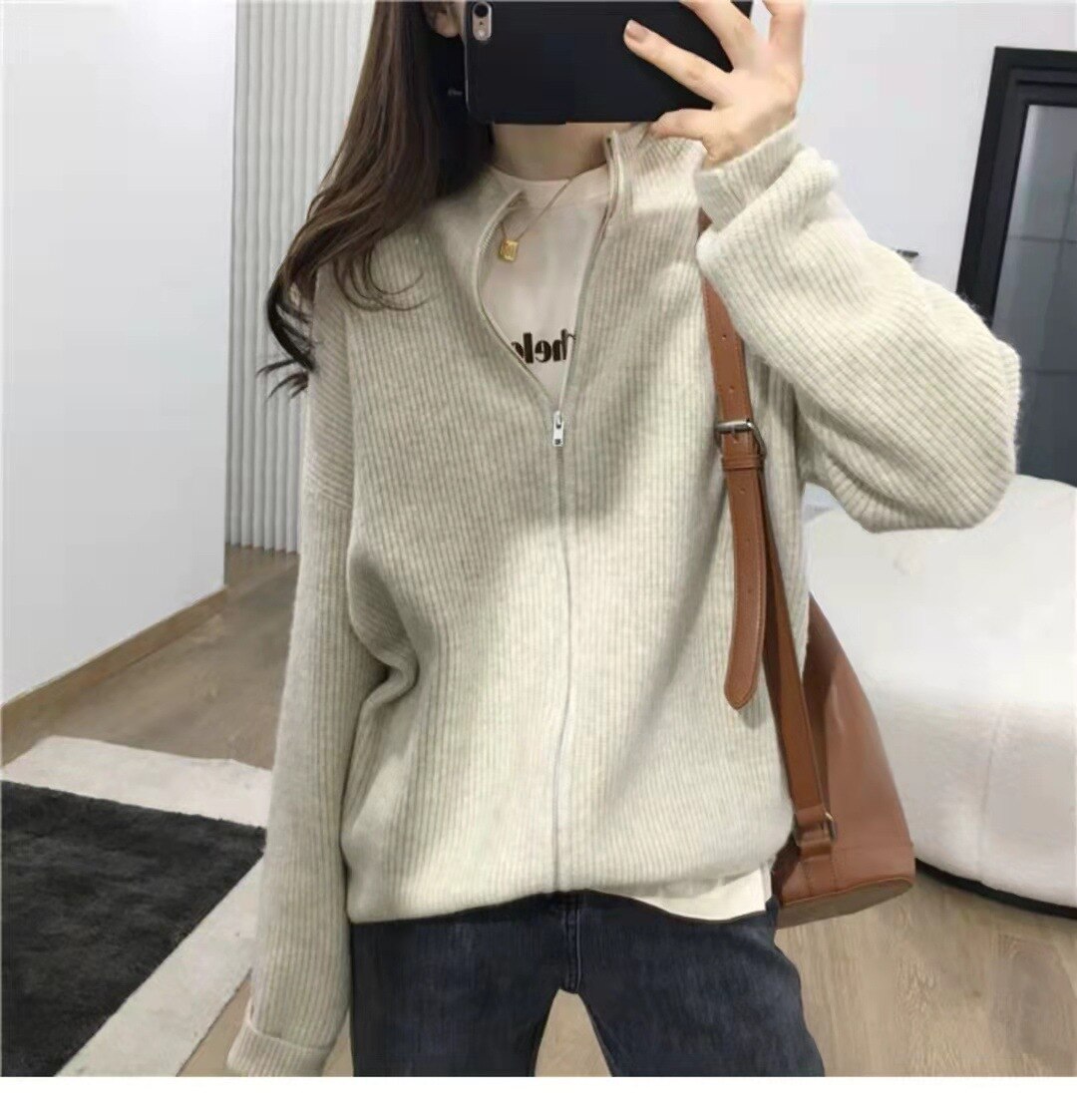 Casual Loose Solid Color Coat Zipper Stand Collar Long Sleeve Knit Cardigan Coat
