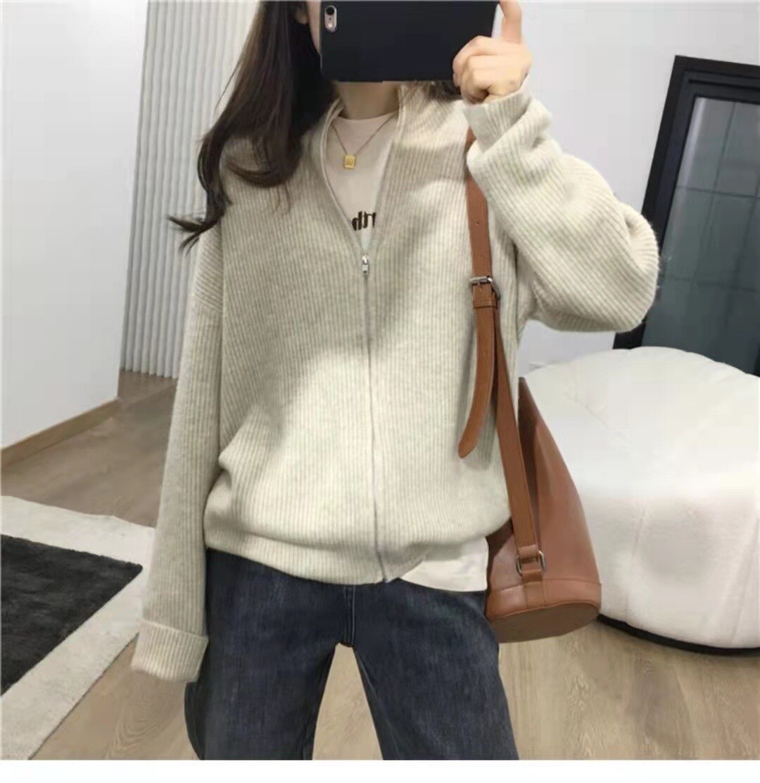 Casual Loose Solid Color Coat Zipper Stand Collar Long Sleeve Knit Cardigan Coat