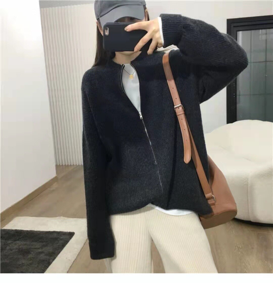 Casual Loose Solid Color Coat Zipper Stand Collar Long Sleeve Knit Cardigan Coat