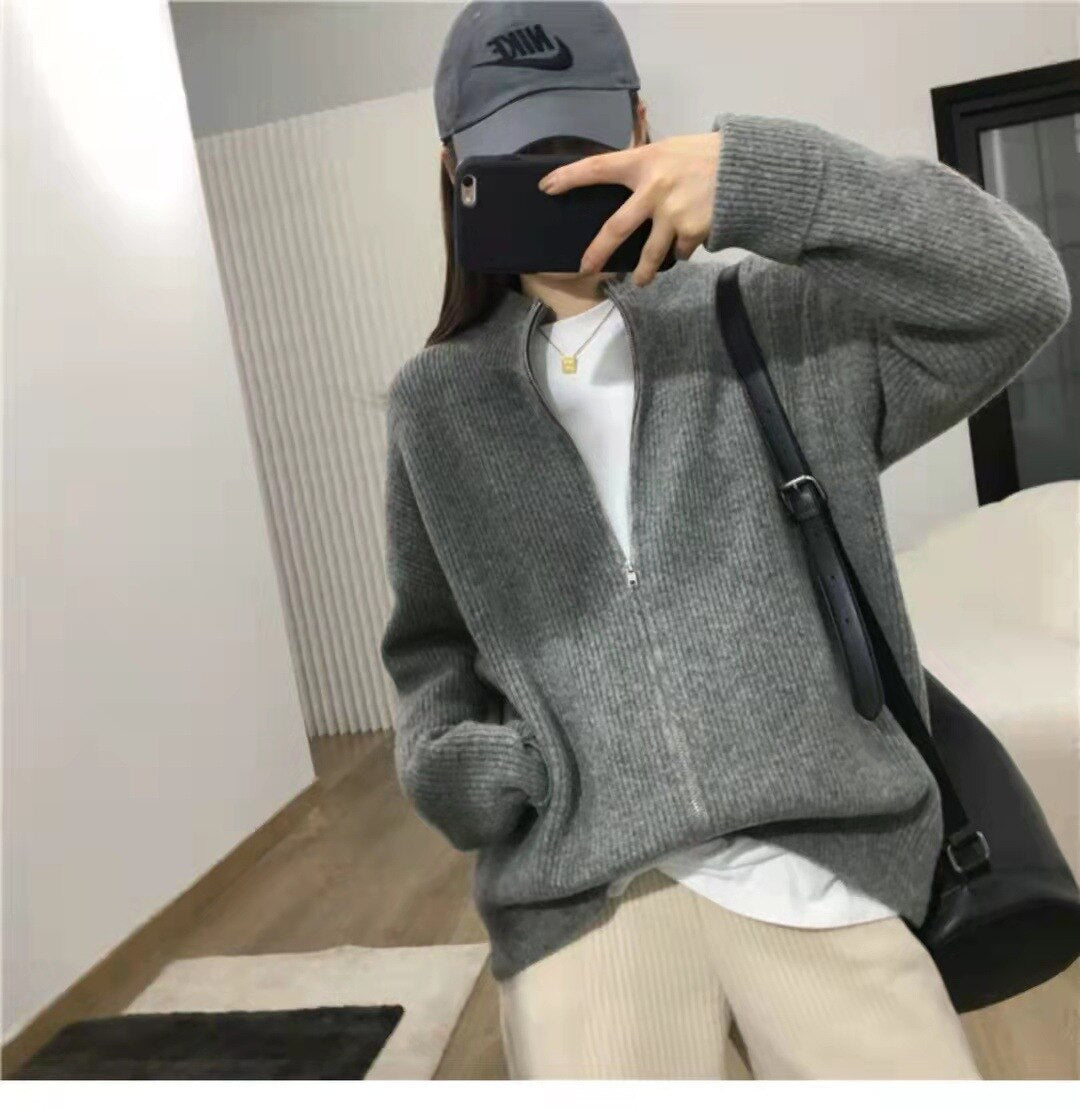 Casual Loose Solid Color Coat Zipper Stand Collar Long Sleeve Knit Cardigan Coat
