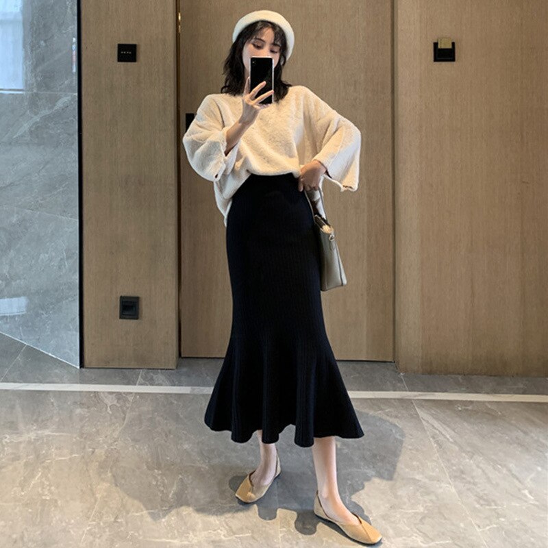 Chic Knit Solid Color High Waist Bodycon Mermaid Skirt