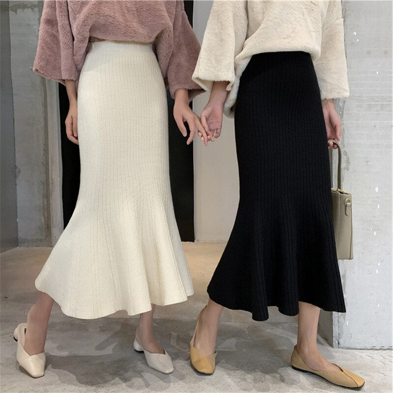 Chic Knit Solid Color High Waist Bodycon Mermaid Skirt