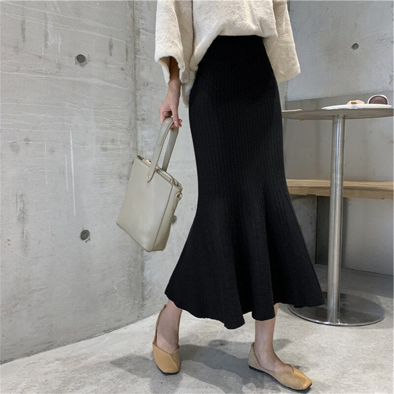 Chic Knit Solid Color High Waist Bodycon Mermaid Skirt