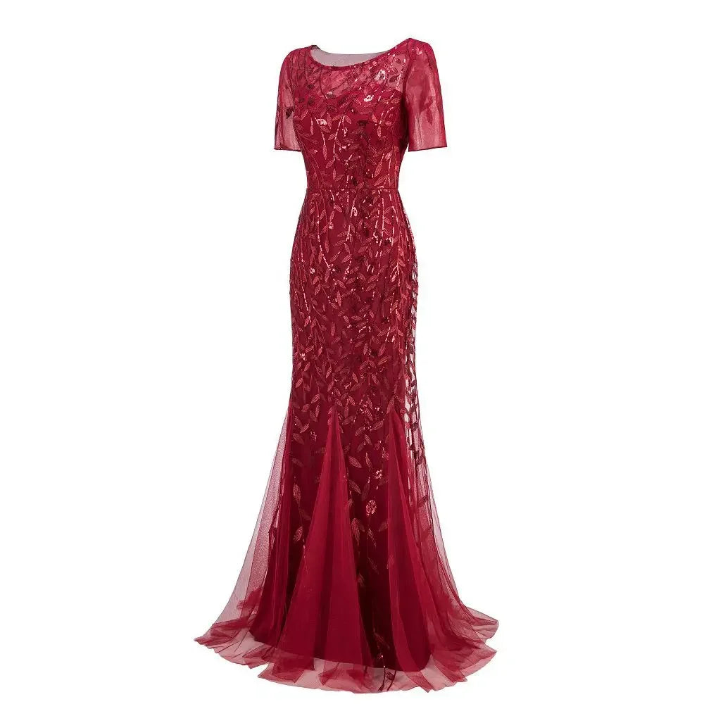 Gorgeous Round Neck Short Sleeves Sequined Mermaid Evening Dress