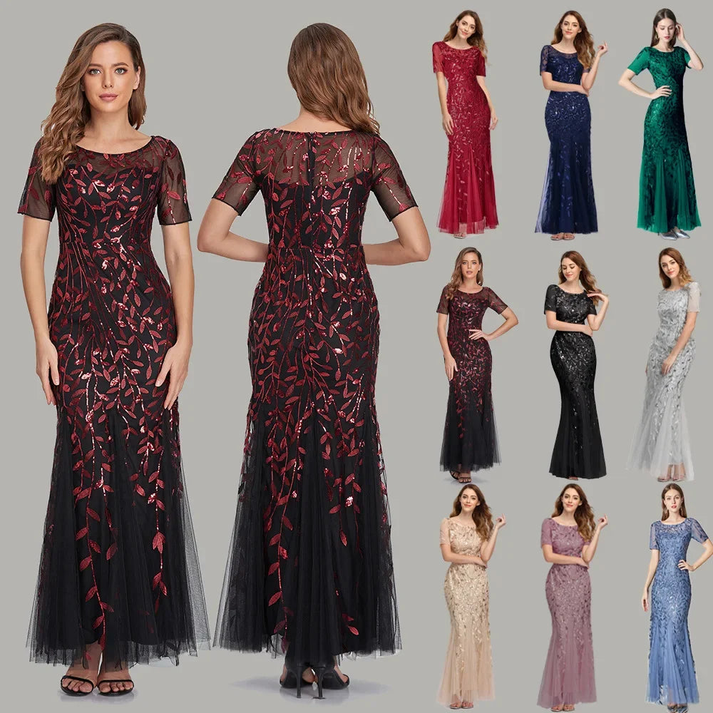 Gorgeous Round Neck Short Sleeves Sequined Mermaid Evening Dress