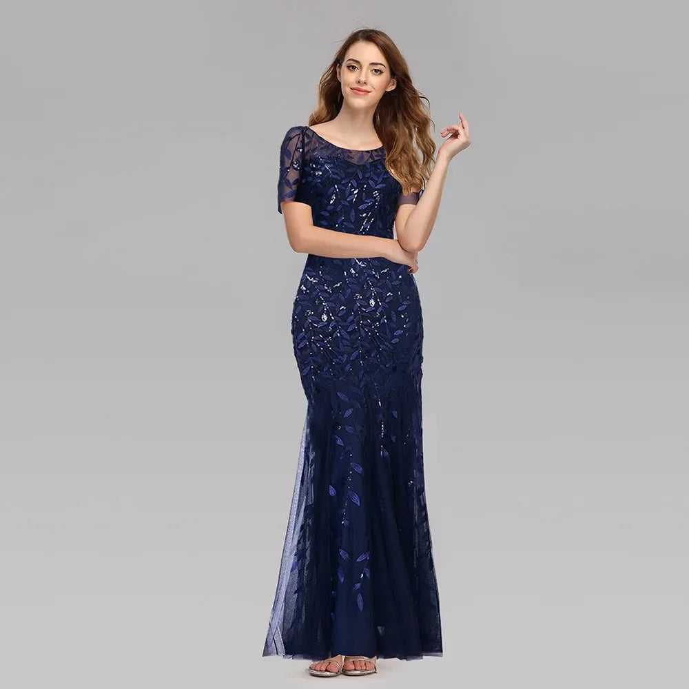 Gorgeous Round Neck Short Sleeves Sequined Mermaid Evening Dress
