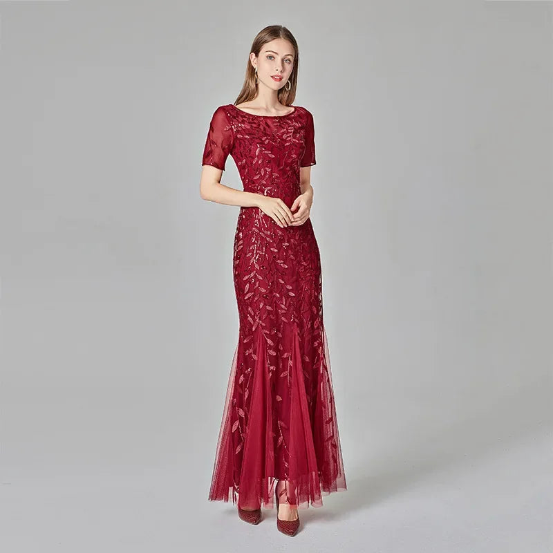 Gorgeous Round Neck Short Sleeves Sequined Mermaid Evening Dress