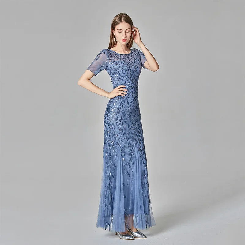 Gorgeous Round Neck Short Sleeves Sequined Mermaid Evening Dress