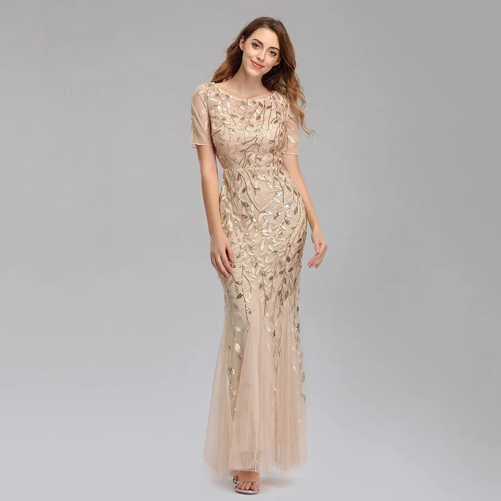 Gorgeous Round Neck Short Sleeves Sequined Mermaid Evening Dress