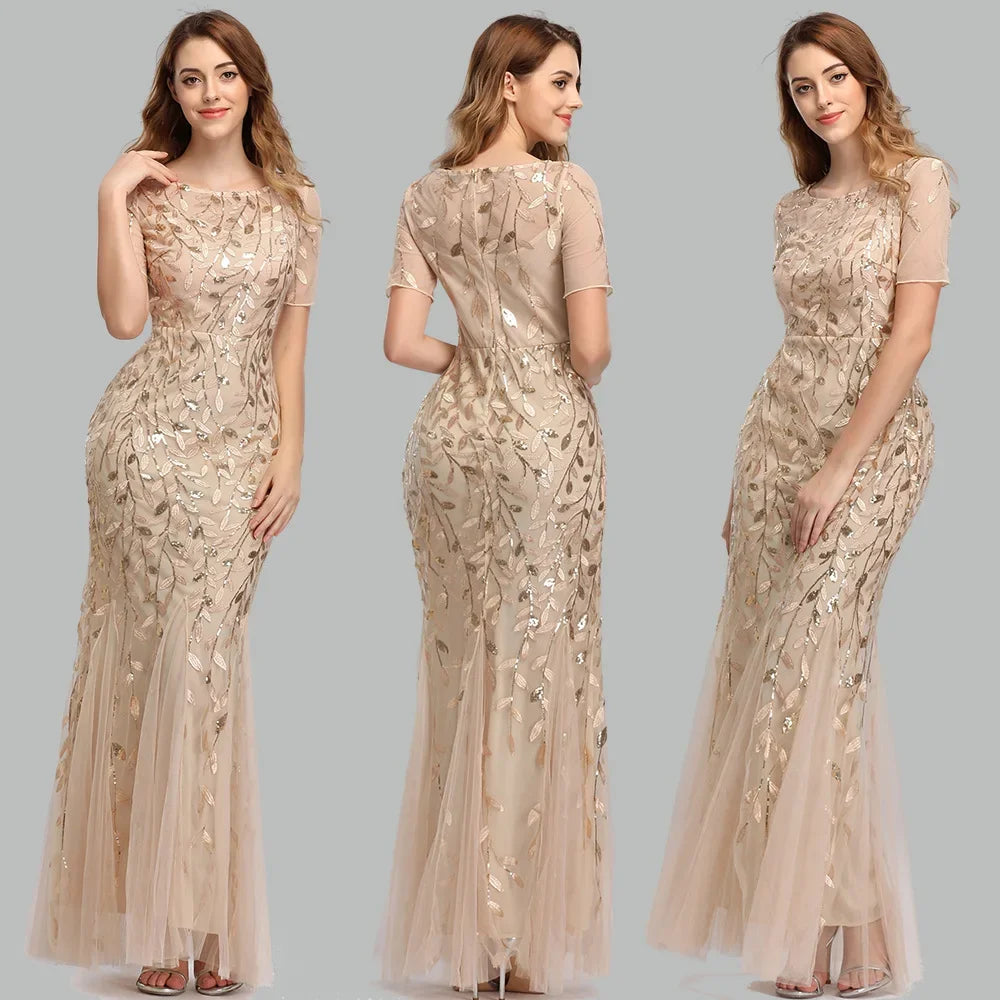 Gorgeous Round Neck Short Sleeves Sequined Mermaid Evening Dress