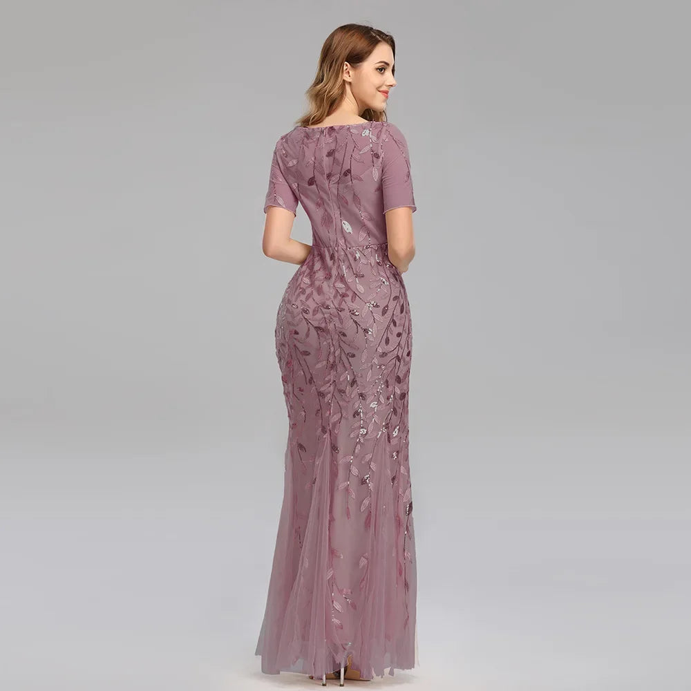 Gorgeous Round Neck Short Sleeves Sequined Mermaid Evening Dress