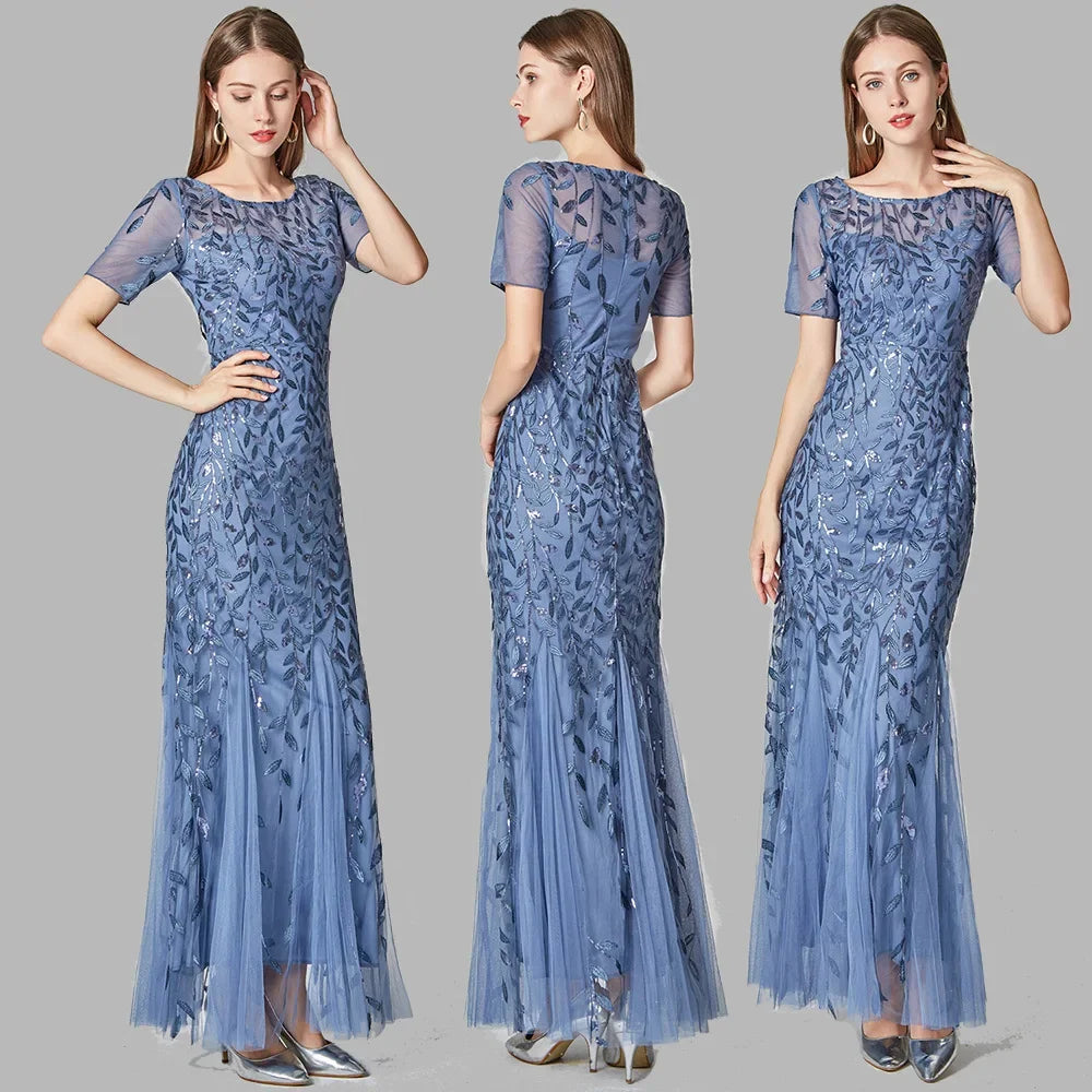 Gorgeous Round Neck Short Sleeves Sequined Mermaid Evening Dress
