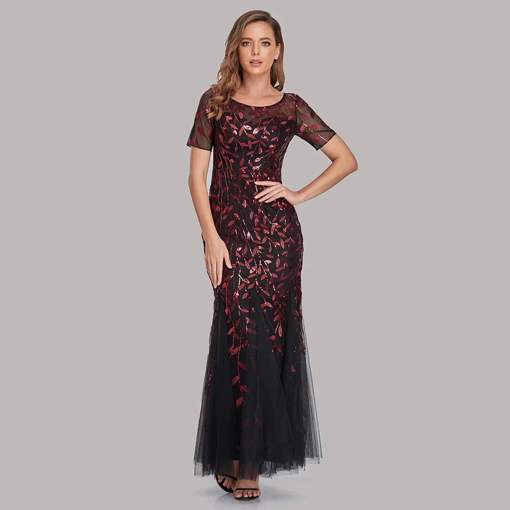 Gorgeous Round Neck Short Sleeves Sequined Mermaid Evening Dress