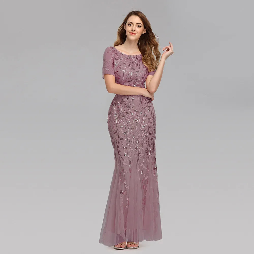 Gorgeous Round Neck Short Sleeves Sequined Mermaid Evening Dress