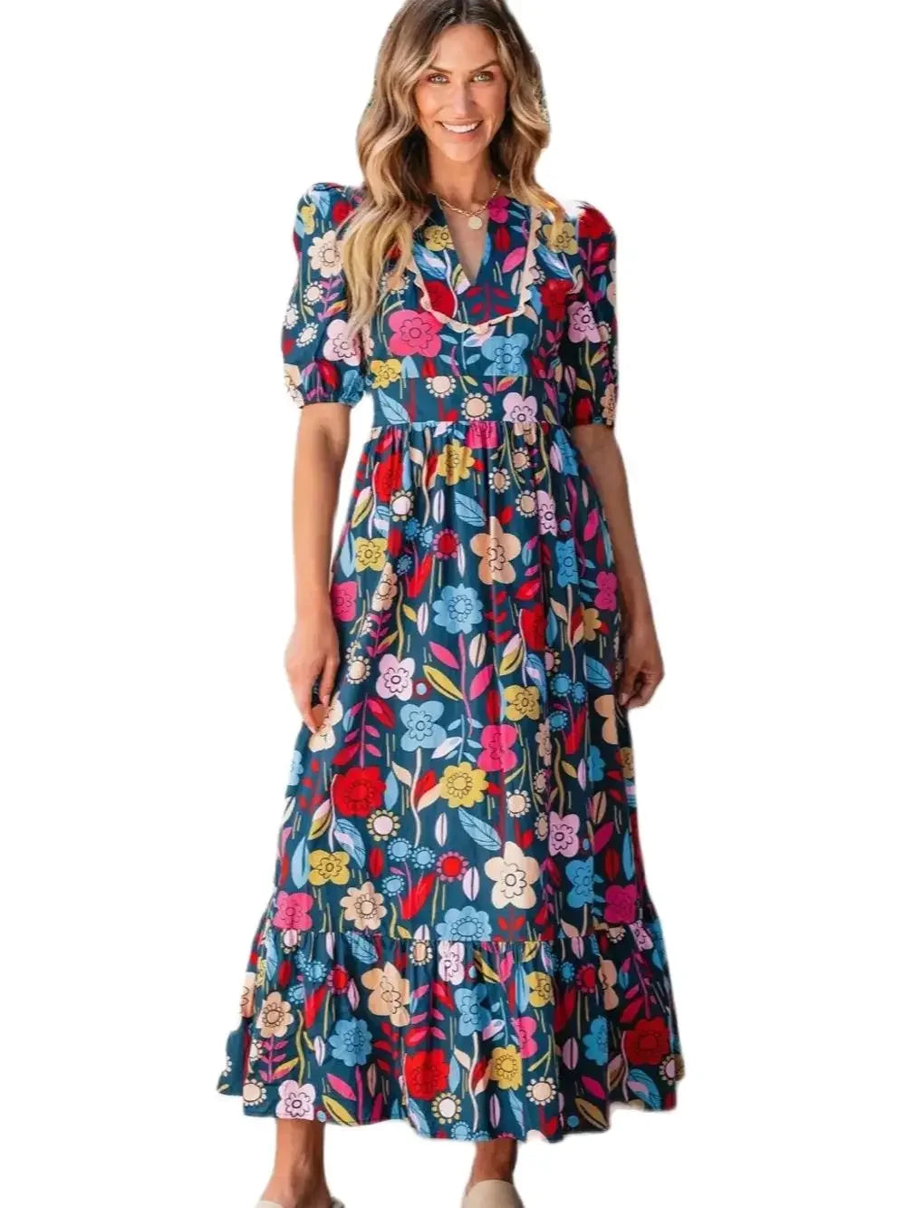 Green Retro Floral Printed Split Neck Maxi Cotton Dress